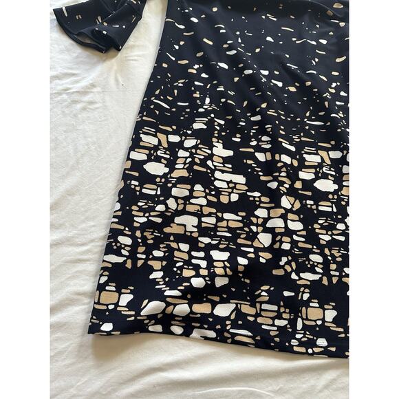 ILE New York Black White Tan Abstract Print Bell Sleeve Dress Size 8 - Picture 4 of 8